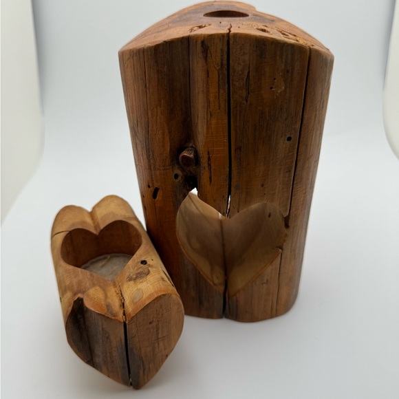 Vtg. Richard Rothbard Wooden Handcarved Heart Stump Jewelry/Candel/Box-1970's